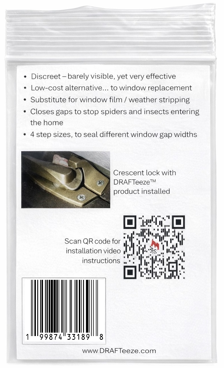 DRAFTeeze™ window draft stopper package back – installation instructions crescent lock window seal