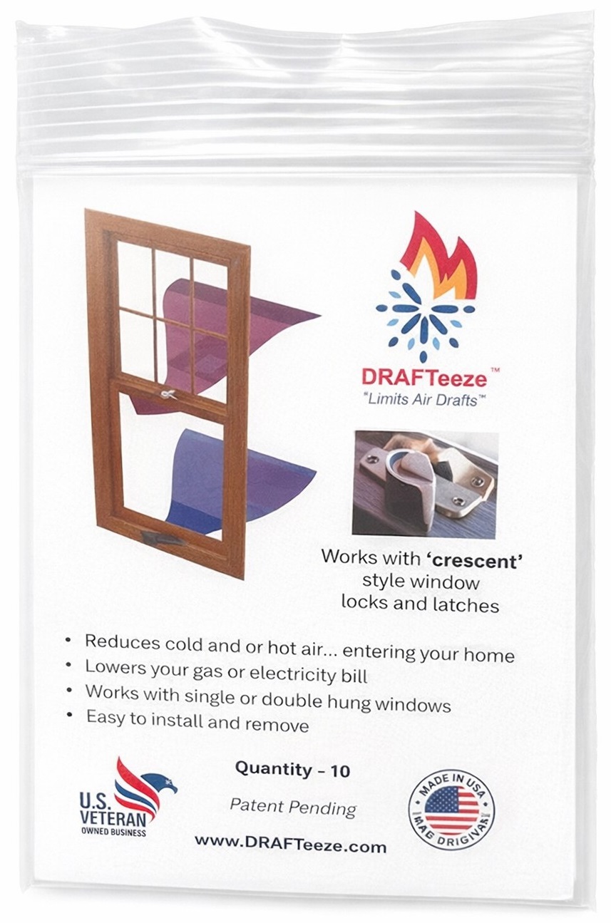 DRAFTeeze™ window draft stopper package front – 10 window seals crescent lock made in USA